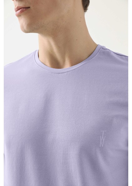 Slim Fit Galaktik Leylak Düz Kabartma Baskılı T-Shirt modelleri