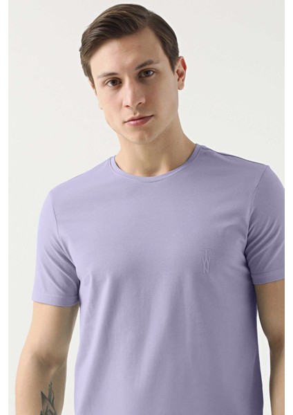 Slim Fit Galaktik Leylak Düz Kabartma Baskılı T-Shirt fırsatları