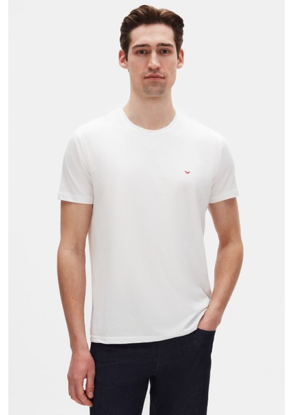 Ds Damat Regular Fit Ekru Düz Nakışlı %100 Pamuk T-Shirt