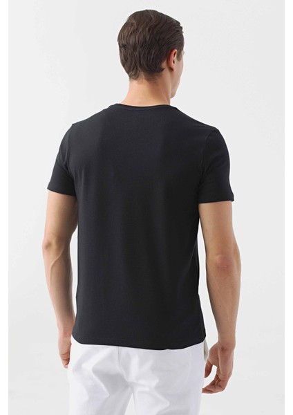 Slim Fit Siyah Düz Kabartma Baskılı T-Shirt modelleri