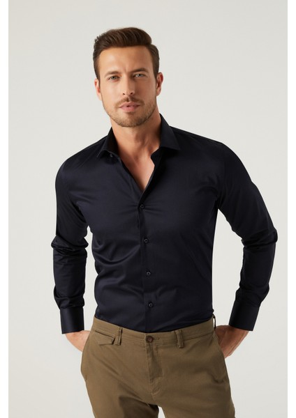 Ds Damat Slim Fit Lacivert Düz Gömlek