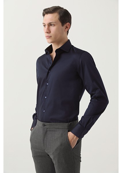 Ds Damat Slim Fit Lacivert Düz Gömlek fırsatları