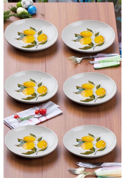 Limon Desenli El Yapımı Seramik Yemek Tabağı Takımı 22 cm 6 Adet