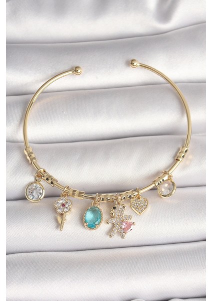 Pirinç Gold Renk Sallantı Zirkon Taşlı Ayıcık Figür Kalp Detay Charm Kadın Bileklik