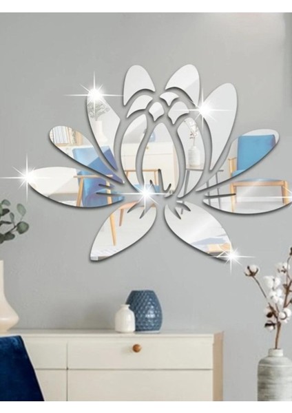 Lotus Çiçeği Desenli Ayna Pleksi Duvar Süsü 22X30 Cm, Kendinden Yapışkanlı, Kurulum Şablonlu
