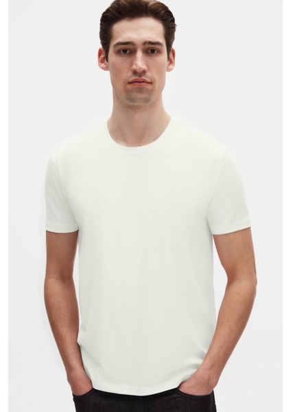 Slim Fit Ekru Düz Kabartma Baskılı T-Shirt