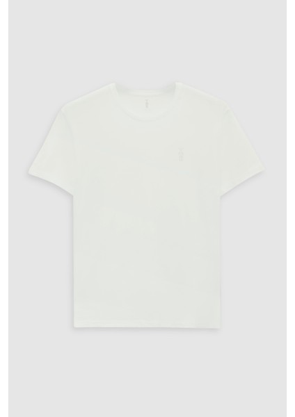 Slim Fit Ekru Düz Kabartma Baskılı T-Shirt indirimleri