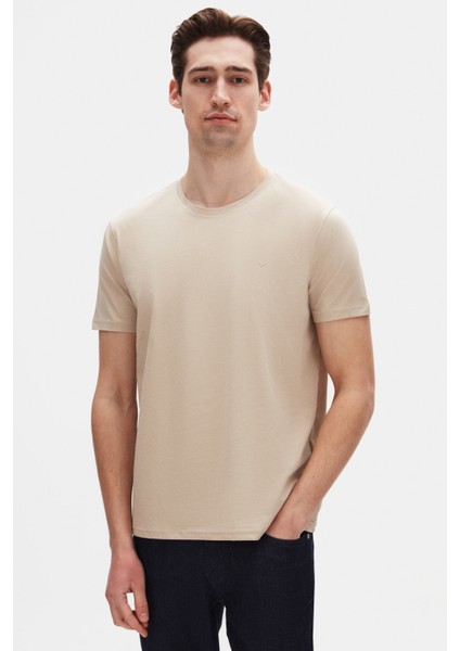 Ds Damat Regular Fit Bej Düz Nakışlı %100 Pamuk T-Shirt