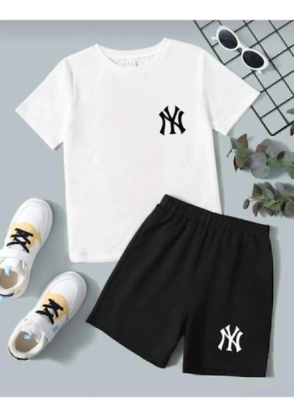 Ny Baskılı Şort/t-Shirt Alt-Üst Unisex Çocuk Yazlıktakım