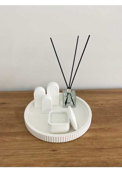 Modern Beyaz Dekoratif Tepsi Seti | 6 Parça Obje - Kapaklı Mum ve Koku Şişesi fiyatları