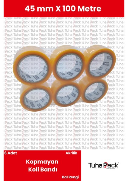 Akrilik Koli Bandı 45MM x 100M Bal Rengi (6 Adet) - Kopmayan Güçlü Koli Bandı