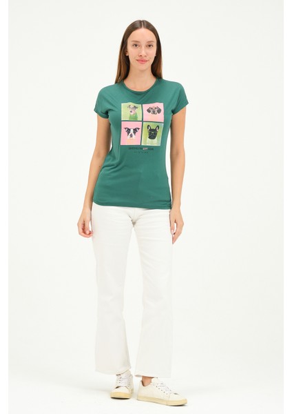 Bisiklet Yaka Kısa Kollu Normal Size Baskılı Basic Kadın T-Shirt 20601 Koyu Yeşil