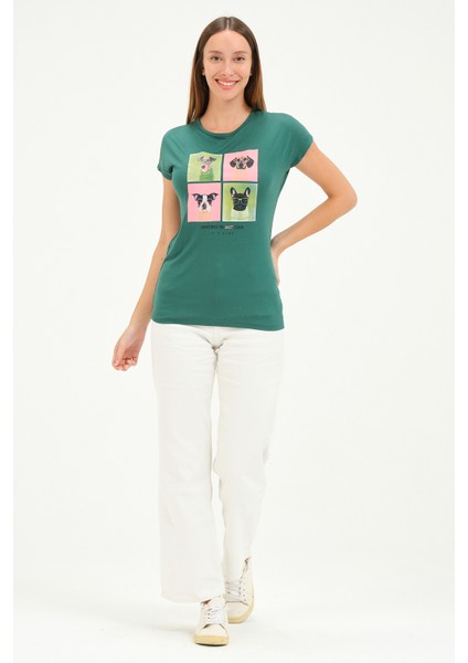 Bisiklet Yaka Kısa Kollu Normal Size Baskılı Basic Kadın T-Shirt 20601 Koyu Yeşil fiyatları