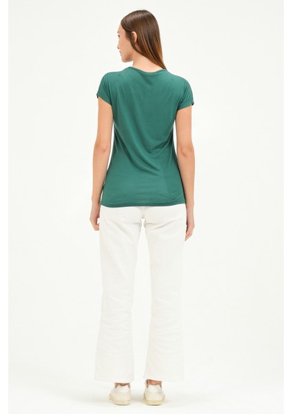 Bisiklet Yaka Kısa Kollu Normal Size Baskılı Basic Kadın T-Shirt 20601 Koyu Yeşil fırsatları