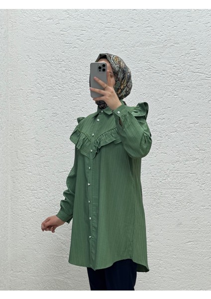 Ravetta Göğüs Dantel ve Fırfır Detaylı TUNIK-ZN3704 Yeşil