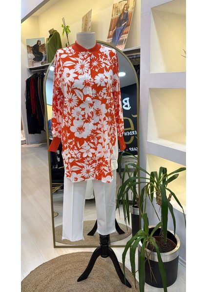 6674 Ön Düğme Detaylı Tunik - Oranj
