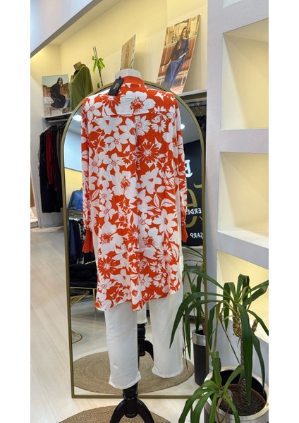 6674 Ön Düğme Detaylı Tunik - Oranj