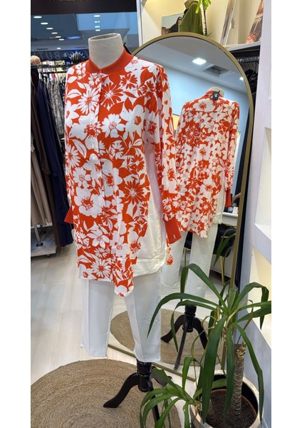 6674 Ön Düğme Detaylı Tunik - Oranj