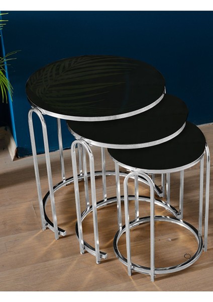 3' Lü Siyah Aynalı (Kırılmaz) Cam Nikel (Gümüş) Ayak Lenka Metal Sehpa