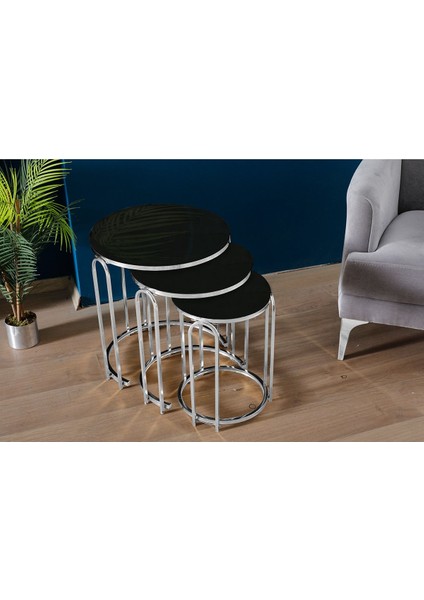 3' Lü Siyah Aynalı (Kırılmaz) Cam Nikel (Gümüş) Ayak Lenka Metal Sehpa fiyatları