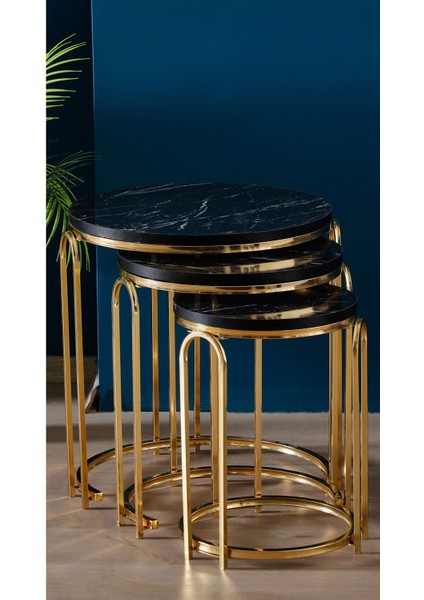 Lenka Zigon Sehpa Takımı Yuvarlak 3'lü Gold Metal - Siyah Mermer Sedaş-Lenka-Zigon-Gold