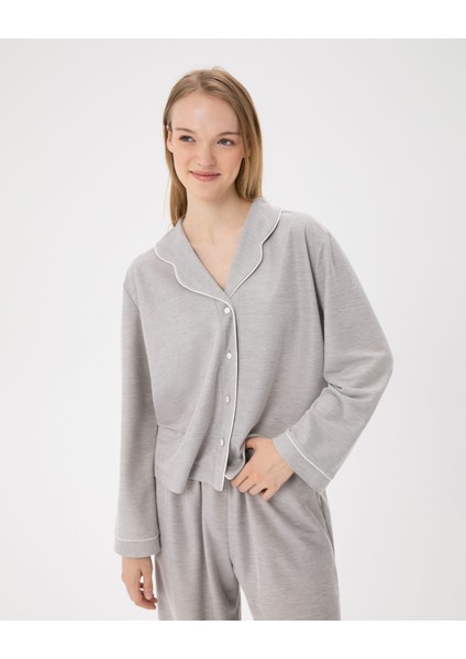 Gri Uzun Kollu Pijama Gömlek