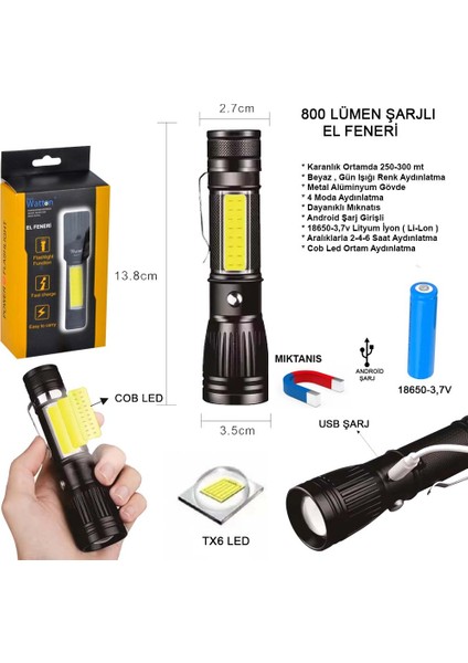 Uzun Menzilli El Feneri Mıknatıslı Watton WT-602