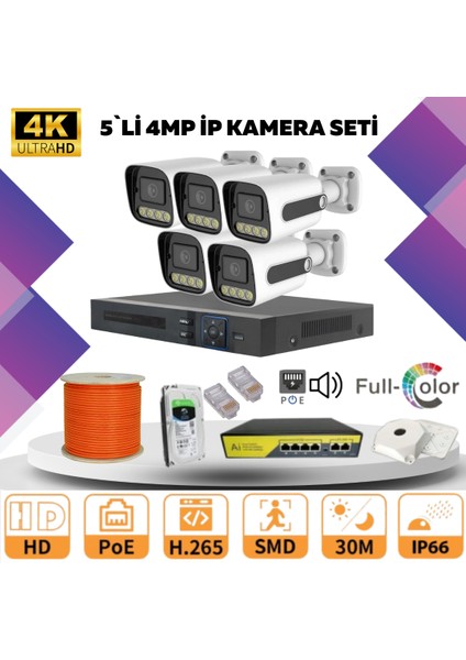 5'li Güvenlik Ip Kamera Seti - 4mp Dış Mekan Kamera, 3.6mm Lens, H.265, Poe, Warm LED Gece Görüşlü