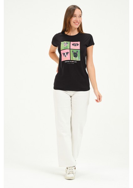Bisiklet Yaka Kısa Kollu Normal Size Baskılı Basic Kadın T-Shirt 20601 Siyah fiyatları