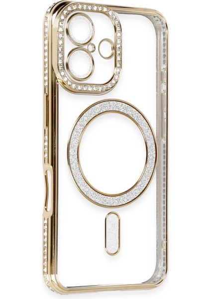 Newface iPhone 16 Kılıf Joke Simli Magneticsafe Kılıf - Gold
