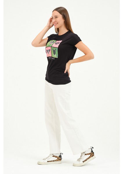 Bisiklet Yaka Kısa Kollu Normal Size Baskılı Basic Kadın T-Shirt 20601 Siyah modelleri