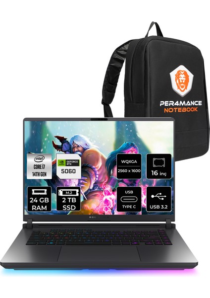Rog Strix G16 Intel Core I7 14650HX 24GB 2tb SSD RTX5060/8GB 16" Qhd+ 240Hz Freedos Taşınabilir Bilgisayar & Per4 Çanta G615JMRS5049P314