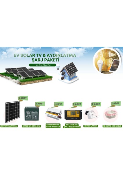 Güneş Enerjili Acil Durum Tv Paketi 500W Inverter 50W Güneş Paneli 24AH Jel Akü modelleri