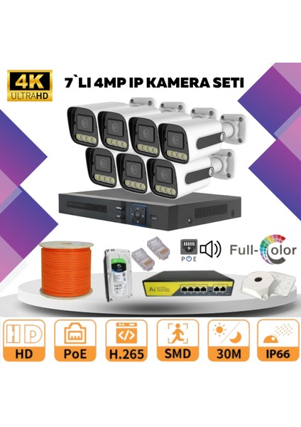 7'li Güvenlik Ip Kamera Seti - 4mp Dış Mekan Kamera, 3.6mm Lens, H.265, Poe, Warm LED Gece Görüşlü