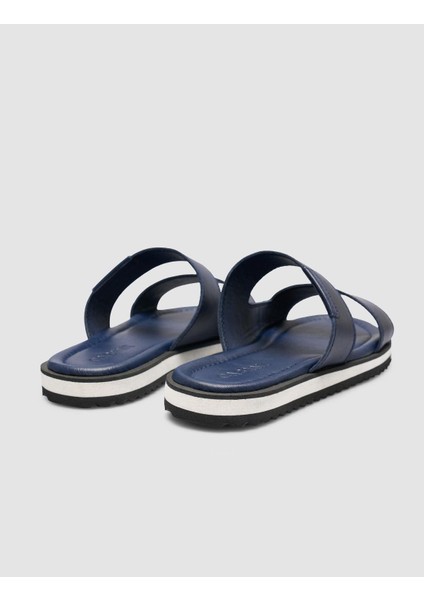 %100 Hakiki Deri Lacivert Bantlı Erkek Terlik
