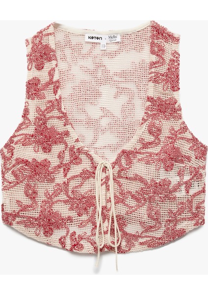 x Melis Ağazat - Slim Fit Pamuklu Önden Bağlama Detaylı Fiyonklu Çiçekli Kroşe Crop Yelek fırsatları