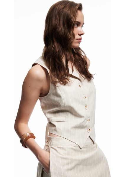 Ceket Yaka Düğmeli Arkadan Kemer Detaylı Kruvaze Keten Yelek fiyatları