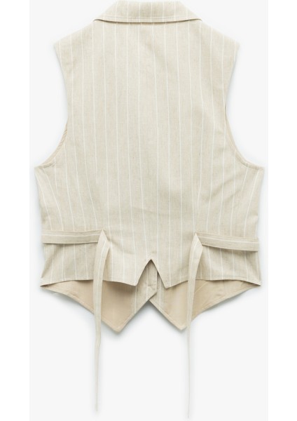 Ceket Yaka Düğmeli Arkadan Kemer Detaylı Kruvaze Keten Yelek fırsatları