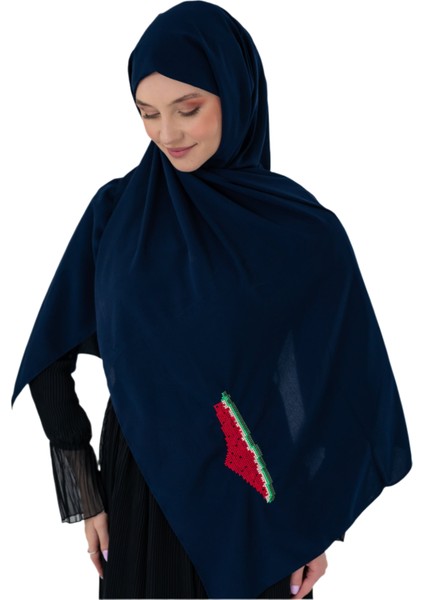 Polyster Lacivert Rengi Şal Filistin Haritası Karpuz Renkler Ile Nakışlı S100041