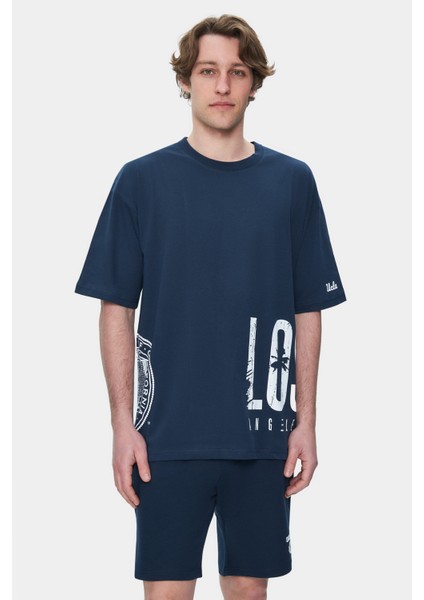 Ignıso Lacivert Bisiklet Yaka Baskılı Oversize Erkek Tshirt