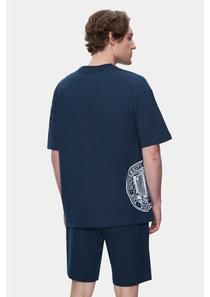 Ignıso Lacivert Bisiklet Yaka Baskılı Oversize Erkek Tshirt modelleri