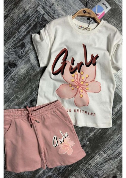 Kız Çocuk Çiçek ve Girl Yazı Baskılı Penye T-Shirt Pudra Şortlu Takım