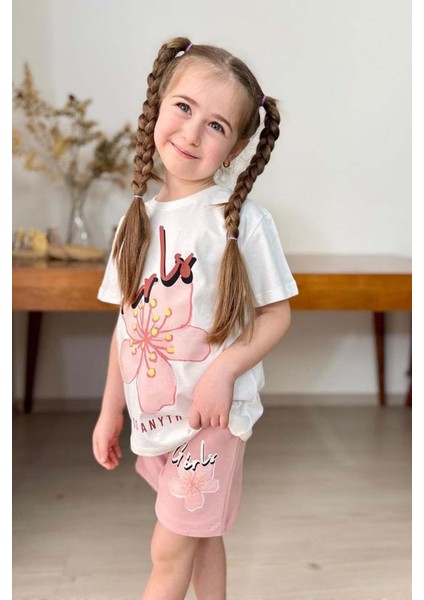 Kız Çocuk Çiçek ve Girl Yazı Baskılı Penye T-Shirt Pudra Şortlu Takım modelleri