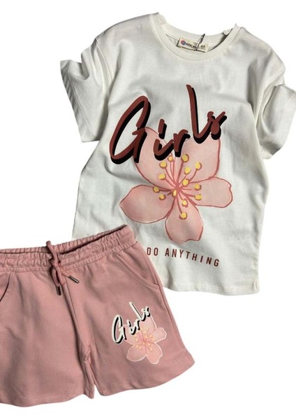 Kız Çocuk Çiçek ve Girl Yazı Baskılı Penye T-Shirt Pudra Şortlu Takım fırsatları
