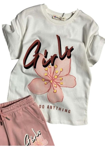 Kız Çocuk Çiçek ve Girl Yazı Baskılı Penye T-Shirt Pudra Şortlu Takım indirimleri