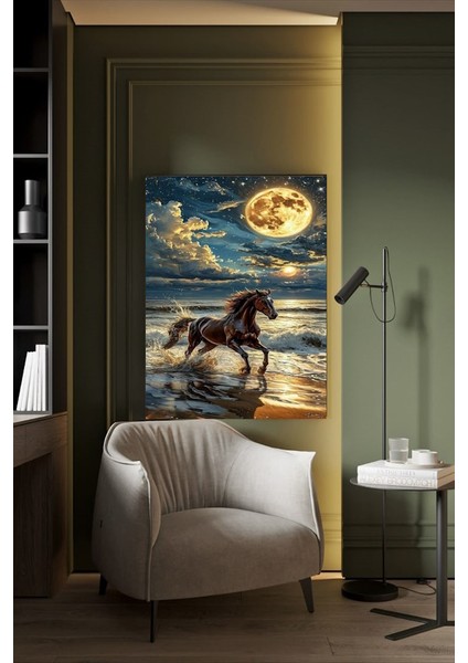 Ay Manzaralı Deniz Koşan At Kanvas Tablo Ev Duvar Salon Ofis Dükkan Hediyelik Dekarasyon Süsü