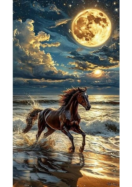 Ay Manzaralı Deniz Koşan At Kanvas Tablo Ev Duvar Salon Ofis Dükkan Hediyelik Dekarasyon Süsü fiyatları