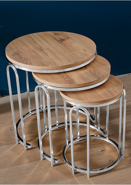 3' Lü Antik Çam Ahşap Nikel (Gümüş) Ayak Lenka Metal Sehpa