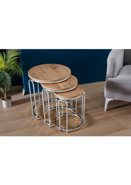 3' Lü Antik Çam Ahşap Nikel (Gümüş) Ayak Lenka Metal Sehpa fiyatları