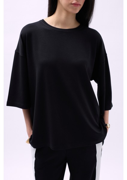 Bisiklet Yaka Oversize Siyah T-Shirt indirimleri